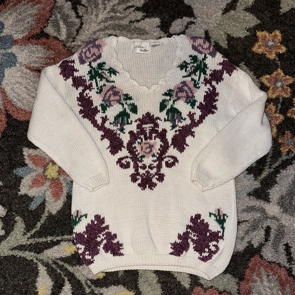 Allison Brittney White Sweater with Purple and Green Floral Design